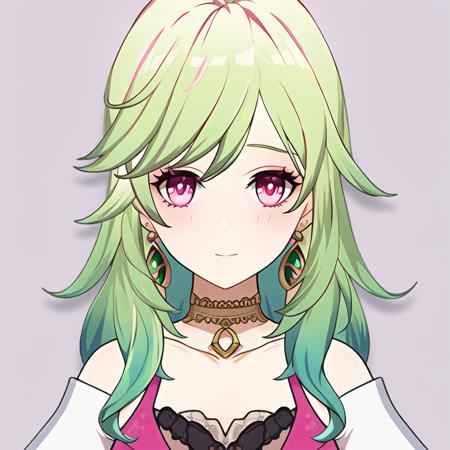 masterpiece, best quality, simple background, portrait, solo, 1girl, wavy hair, earrings, collarbone, ombre hair, green hair, pink hair