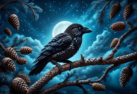 ral-pinecone, Raven in a tree, nighttime sky background, whimsical, mystical, photograph, picture, high quality, detailed, realistic