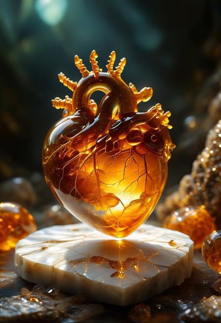 improved cinematic photo, 35mm photograph, film, professional, 4k, highly detailed,
An amber fragment enclosing a Human Heart,
The amber fragment is a smooth, slightly irregular sphere, roughly the size of a marble, with a warm golden-brown hue. Its surface is polished, gleaming softly under light, revealing a mesmerizing play of golden, honey, and orange tones. Tiny air bubbles and organic inclusions are scattered throughout, lending it a sense of antiquity and natural complexity.
Inside, a perfectly preserved Human Heart lies suspended in time, its delicate body encased in the translucent amber.
Around the Human Heart, subtle striations and minute organic fragments, possibly plant material or dust, create a vignette that frames the insect. The amber’s clarity varies in places, with some sections slightly cloudy, further accentuating the Human Heart as the focal point. The fragment feels timeless, a tiny time capsule offering a glimpse into a prehistoric world millions of years ago