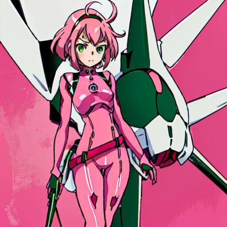 <lora:Gundam_Reconguista_in_G-10:1>Gundam_Reconguista_in_G, 1girl, solo, short hair, thighhighs, gloves, green eyes, pink hair, boots, belt, bodysuit, thigh boots, pink bodysuit