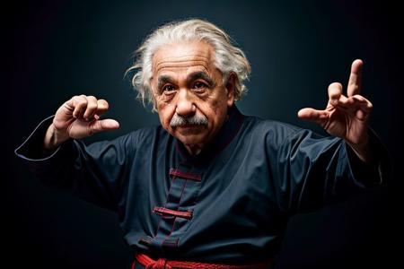 Albert Einstein as Kung Fu master, black belt, dojo background, dark theme, high contrast, (hyperrealism, sharp), professional photoshoot