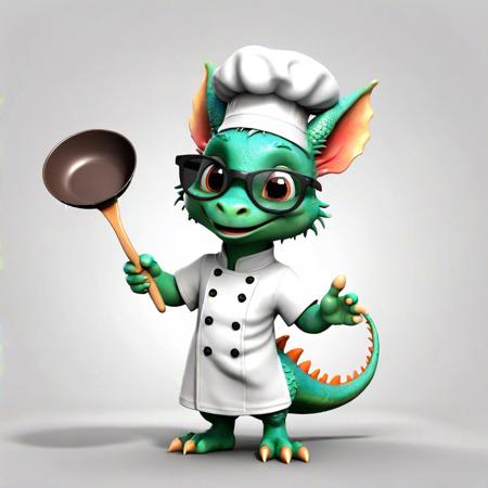 Full body, luxurious sunglasses and kitchen hat, excited and happy expression, cute and lovely baby dragon wearing kitchen uniform on body and holding a frying pan in one hand, various movements, 2d cute, happy, fantastic, dreamy, illustration, 3d 3d , expresses a centered, professional nosh. Soft, modern and cool. It has graphics, line art, and a white background.