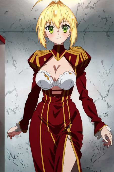 <lora:last_encore_512:1>,
masterpiece,best quality,1girl,solo,fxle_anime,nero,blonde hair,large breasts,
long dress,red dress,cleavage,white bra,long sleeves,nice hand,good hand,