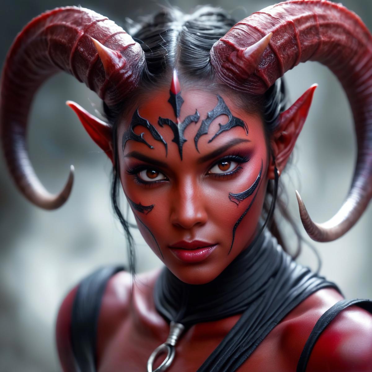A woman with red paint on her face and horns on her head, wearing a black top.
