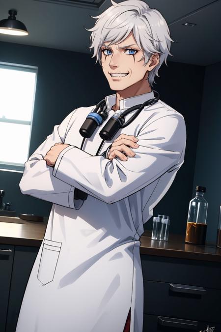 masterpiece, best quality,
<lora:zs_VictorRK:1> victordsrk, lab coat, pants, white hair, scar, evil grin