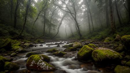 RAW photo, view from ground level of a rocky river winding through a wild (dense) forest, wilderness, untouched, uneven rocky ground, massive trees, fog, mist, gloom, darkness, sunset, diffuse light, dim light, hyper realistic, masterpiece, absurdres, award winning, 8k uhd, crepuscular lighting, volumetric lighting, <lora:add_detail:0.4>