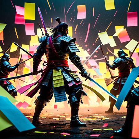 (HD, masterpiece, best quality, hyper detailed, ultra detailed, super realistic),"A dynamic battle scene featuring a samurai clad in armor made out of multicoloured jed-stickyn , clashing swords with a shadowy opponent in a storm-lit environment. Lightning flashes illuminate the battlefield, casting reflections off the shimmering armor. Add dramatic motion blur and neon streaks to emphasize the intensity of the fight.", Jed-StickyN<lora:challenge\StickyNotesStyle.safetensors:1.0:1.0>