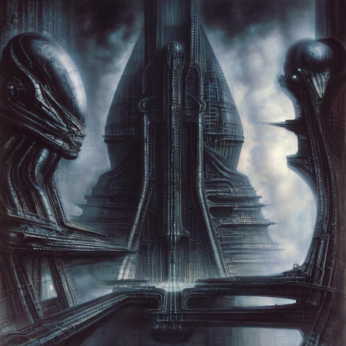 An artistic illustration of a futuristic alien structure in a dark, cloudy sky.