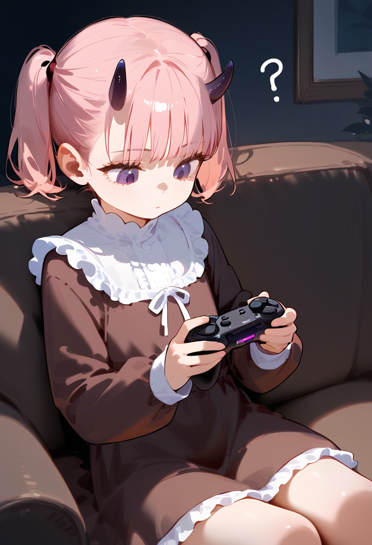 score_9, score_8_up, score_7_up, 1girl, sitting, holding game controller, (looking down:1.2),
Linie, horns, pink hair, sho...