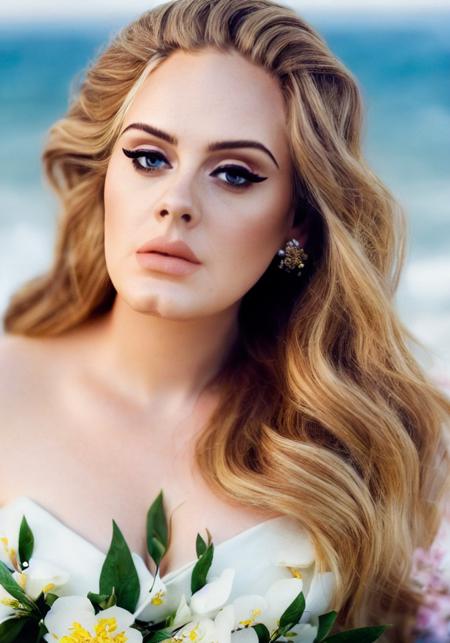 adele, (sharp focus:1.2), portrait, attractive young woman, (beautiful face:1.1), detailed eyes, luscious lips, (eye makeup:1.2), (tight body:1.2), (blonde hair:1.2), wearing (flowery dress:1.2) at (the beach:1.2). (morning sun lighting:1.2), depth of field, bokeh, 4K, HDR. by (James C. Christensen:1.2|Jeremy Lipking:1.1).