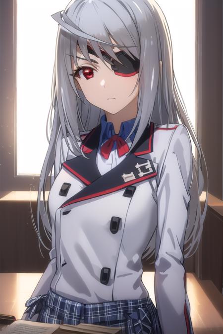 laurabodewig, <lora:laura bodewig s2-lora-nochekaiser:1>,
laura bodewig, long hair, (red eyes:1.3), grey hair, eyepatch,
BREAK school uniform, ribbon, blue ribbon, long sleeves, (red trim:1.2), uniform, military uniform, (white military uniform:1.5),
BREAK indoors, classroom,
BREAK looking at viewer, (cowboy shot:1.5),
BREAK <lyco:GoodHands-beta2:1>, (masterpiece:1.2), best quality, high resolution, unity 8k wallpaper, (illustration:0.8), (beautiful detailed eyes:1.6), extremely detailed face, perfect lighting, extremely detailed CG, (perfect hands, perfect anatomy),