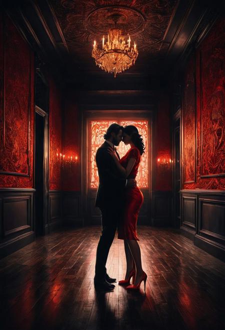 She is embracing with a man that has flowing black hair, tied with a vibrant red band, and is wearing striking red high heels. The woman stands in a sleek, dark corridor with black walls, and the dim lighting softly reflects off her porcelain figure. mountain, volumetric lighting maximalist photo-illustration in 8k resolution. detailed,, charming, awe-inspiring, radiant, magnificent. (all dark hues and fine vibrant orange glowing smoldering accent and shiny gold color scheme:1.02). glossy.
<lora:InkArtXL_1.2:0.4> <lora:FaeTastic:0.35> . award-winning, professional, highly detailed . extremely high-resolution details, photographic, realism pushed to extreme, fine texture, incredibly lifelike, high contrast, well defined .