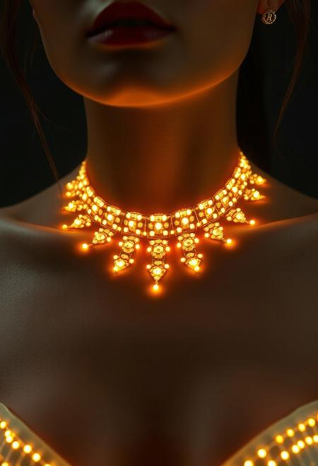 subdermal LED jewelry, (implant fashion:1.7), (vibrant internal LED glow:1.6) beneath the skin, (embedded LEDs:1.7) forming an extravagant illuminated necklace pattern under the skin, (golden light accents:1.5) glowing from beneath the surface, (sapphire-like LED glow:1.5) radiating along the collarbone, (elegant modern top:1.4), intricate and gaudy subdermal lighting design, (modest fashion:1.4), fabric seamlessly integrating with subdermal tech, high-definition, (natural skin tone:1.5), bright, bold light diffusion from under the skin, ultra-realistic textures, (gaudy but refined style:1.5), advanced subdermal technology, smooth transitions between skin and glowing light patterns, (tech-infused beauty:1.5), vibrant subdermal necklace effects, (futuristic elegance:1.5), high-resolution, glowing light accents under the skin, sleek and refined top complementing subdermal jewelry, (implanted jewelry:1.6), modern elegance with bold design, (nudity:-1.5), (revealing:-1.5), (suggestive:-1.5), (provocative:-1.5), (overexposed:-1.3), (worn jewelry:-1.7), (unclothed:-1.5), (explicit:-1.6), (immodest:-1.4)