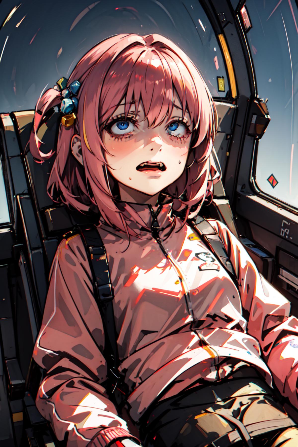 Anime Character with Pink Hair and Pink Jacket Sitting in a Seat.