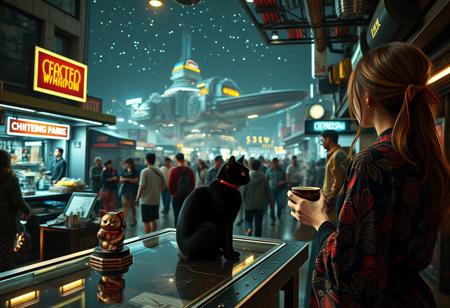 Setting is a futuristic cyberpunk street market at night, the market is comprised of street vendors selling robot parts, food, weapons, and robot pets. People wearing futuristic cyberpunk clothing are walking through the street market shopping and eating, A sleek black cat with red collar sits on a cluttered metal riveted counter with transparent top and micro-LED lighted computer components visible inside, On the counter is an ebony and gold maneki neko statue and a classic ornate art deco espresso machine of copper and brass, (((a beautiful woman, 24 years old, is standing in the foreground facing the cat with a steaming cup of espresso in her hand))), the sleek black cat with red collar is sitting on the desk and watching the people walking by in the busy street market, the woman is dressed in futuristic cyberpunk Japanese style kimono-style clothing that are sexy and Japanese classic aesthetic. An enormous art deco inspired starship with futuristic lighting and an enormous space station are visible in the background among the stars, The woman's hair is elegantly tied up with a ribbon. Artistic cyberpunk, dynamic perspective, (((overall architectural aesthetic is Art Deco Cyberpunk))).  Epic image that elicits a feeling of wonder and awe, part of the interior is visible,