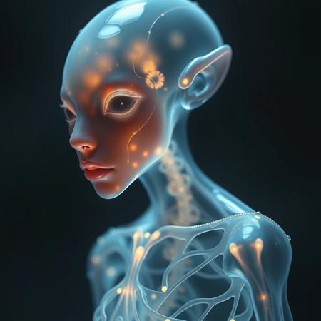 Masterpiece protozoa/humanoid, bioluminescence translucent  body, with no ears and no nose, 32k, 16k, 8k, masterpiece, cinematic art,