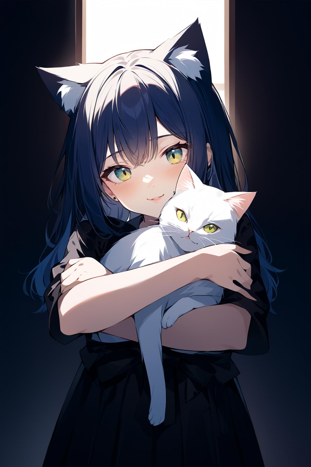 breathtaking score_9, score_8_up, score_7_up, cat ears, 1girl, hugging a cat, , <lora:Smooth Anime 2 Style SDXL_LoRA_Pony Diffusion V6 XL:0.8> . award-winning, professional, highly detailed