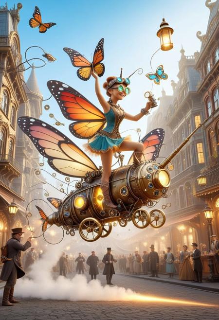 butterflyStyle — A steampunk-inspired mechanical butterfly with gears and cogs for wings, flapping loudly while spraying tiny bursts of steam. A quirky goblin inventor wearing goggles frantically tries to fix a clockwork dragonfly that’s tangled in copper wires shaped like butterfly antennae. Nearby, a brass unicorn with butterfly wing sails floats gently on a steam-powered airship, as tiny fairies dance around flickering lanterns glowing with butterfly-shaped flames. The whole scene is vibrant, whimsical, and hilariously over-engineered, set in a bustling, smoky Victorian cityscape.