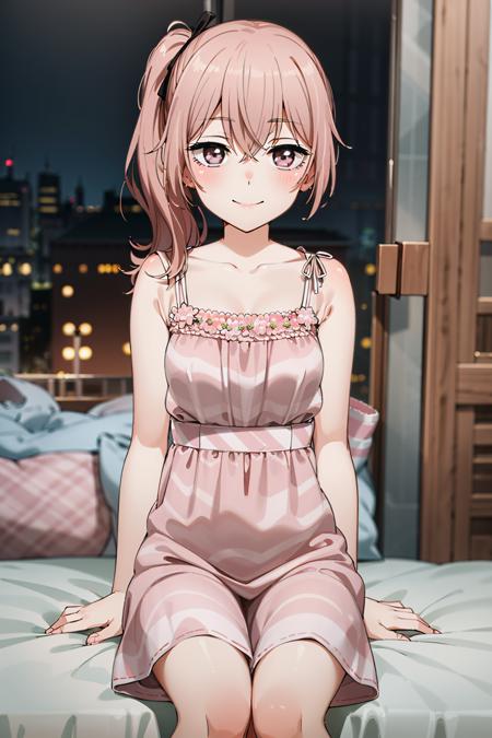 best quality, (masterpiece:1.2), detailed,
<lora:chara_SonoBisqueDoll_InuiSajuna_v1:0.8>, inui sajuna juju,
1girl, solo, closed mouth, smile, blush,
pink hair, pink eyes, long hair, side ponytail,
pink dress, collarbone,
sitting, looking at the viewer,
indoors, room, bed, night