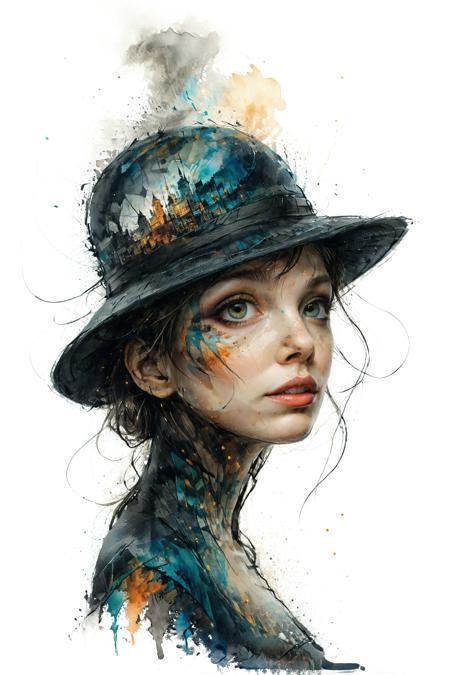 mysterious silhouette woman with hat, by Minjae Lee, Carne Griffiths, Emily Kell, Steve McCurry, Geoffroy Thoorens, Aaron Horkey, Jordan Grimmer, Greg Rutkowski, amazing depth, double exposure, surreal, geometric patterns, intricately detailed, bokeh,  perfect balanced, deep fine borders, artistic photorealism , smooth,  great masterwork by head of prompt engineering   <lora:add-detail-xl:2>  <lora:Double_Exposure:0.5> <lora:xl_shuimo:0.8> ink wash painting <lora:Cute_Drawing:0.6>  <lora:hyperkraximalism_v1-1:0.3>