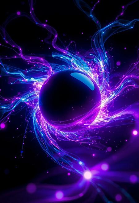 Visualize a dynamic energy field surrounding a central black sphere using vibrant blue and magenta hues. The energy is depicted as swirling currents, ribbons, and trails of light that flow around the sphere in complex patterns. Add small, glowing dots or particles throughout the scene to represent subatomic activity or energy fluctuations.  The background should be completely black, creating a high-contrast effect that emphasizes the luminous elements. Style: Abstract, energetic, futuristic - inspired by scientific visualizations of plasma physics or magnetic fields. Render with realistic lighting and shadows to create a sense of depth and dimensionality.  Aim for a visually striking image that conveys both beauty and power.