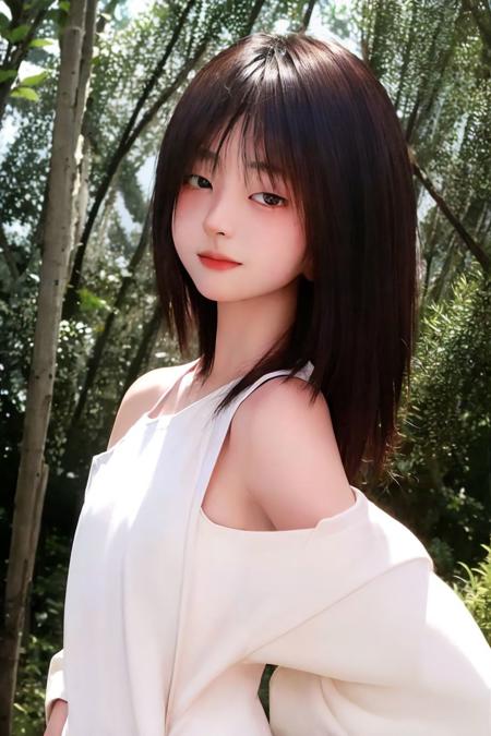 masterpiece, high quality, high resolution, extremely delicate and beautiful, finely detailed eyes and detailed face, ultra detailed, perfect details,full body,cowboy shot,photographical skin, shiny skin,small breasts, <lora:JustinaXie:1>, justinaxie, bangs, medium hair, black eyes, realistic, forest,water, grass,realistic lighting, natural skin,dress, bare shoulder,blush,smiling,