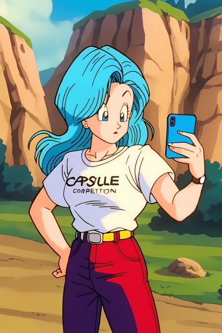 bulma, aqua hair, blue eyes,