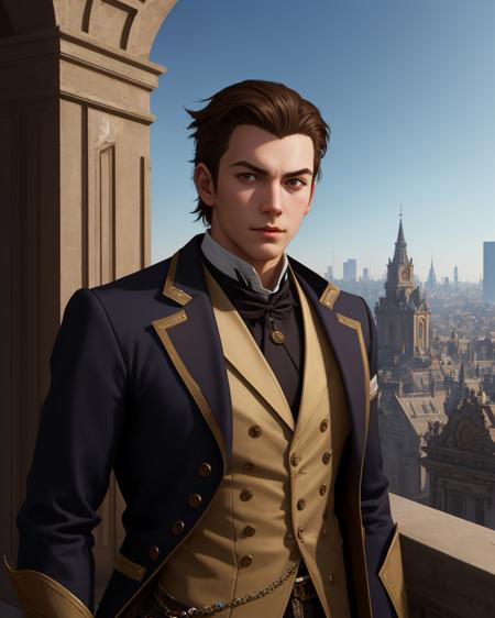 best quality,masterpiece,highly detailed,ultra-detailed, 1boy,<lora:neg4all_bdsqlsz_V3.5:-1>  
<lora:steampunk_last:1.5>solo
upper body, portrait, looking at viewer, 
victorian  cityscape background, 
by  steampunk art 
<lora:Graphite_last:1>, unreal engin 5,octane render,(2D:1.2), digital painting, artstation, concept art, smooth, sharp focus,art by ross tran and greg rutkowski and alphonse Mucha and  Bak Karol