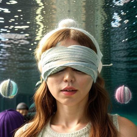 blindfolded grannies knitting club party underwater, (underwater: 1), hyperrealism, photorealism, realistic, cinematic, full body, (birthday hat: 1), (party: 1), (group: 1.3), (knitting: 1.7), (blindfolded: 2), bubbles, (floating hair: 0.7)