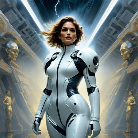 cindy crawford, a photo of a fashion model during a fashion shoot  by MC Escher, thom browne, WLOP, Rossdraws, and Artgerm. full body and face. head and shoulders view. upperbody. cinematic sci fi scene. flight suit, accurate anatomy. symmetry. portrait and science fiction theme with lightning, aurora lighting. clouds and stars. smoke. futurism. fantasy. by beksinski carl spitzweg and tuomas korpi. baroque elements. baroque element. intricate artwork by caravaggio. oil painting. award winning. dramatic. trending on