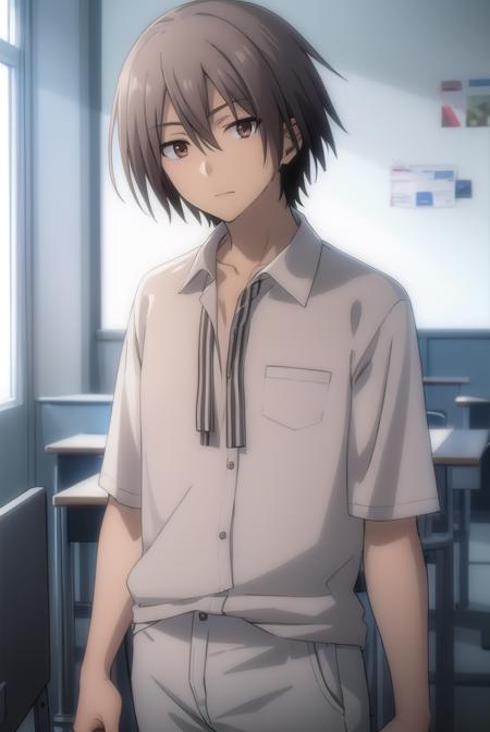 ayumuaikawa, <lora:ayumu aikawa s2-lora-nochekaiser:1>,
ayumu aikawa, short hair, grey hair, (brown eyes:1.3), male focus,
BREAK short hair, shirt, white shirt, collared shirt, pants,
BREAK indoors, classroom,
BREAK looking at viewer, (cowboy shot:1.5),
BREAK <lyco:GoodHands-beta2:1>, (masterpiece:1.2), best quality, high resolution, unity 8k wallpaper, (illustration:0.8), (beautiful detailed eyes:1.6), extremely detailed face, perfect lighting, extremely detailed CG, (perfect hands, perfect anatomy),