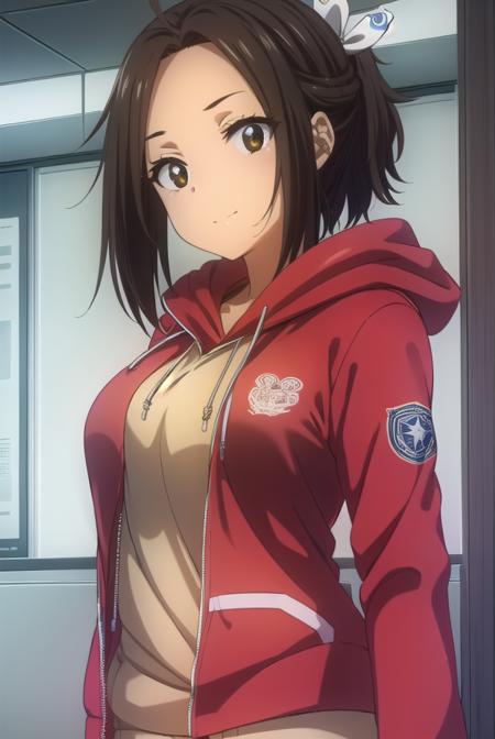 hikarihazakura, <lora:hikari hazakura s1-lora-nochekaiser:1>,
hikari hazakura, black hair, (brown eyes:1.3), hair ribbon, dark skin, dark-skinned female, smile,
BREAK jacket, pants, hood, hoodie, (red jacket:1.3),
BREAK indoors, classroom,
BREAK looking at viewer, (cowboy shot:1.5),
BREAK <lyco:GoodHands-beta2:1>, (masterpiece:1.2), best quality, high resolution, unity 8k wallpaper, (illustration:0.8), (beautiful detailed eyes:1.6), extremely detailed face, perfect lighting, extremely detailed CG, (perfect hands, perfect anatomy),