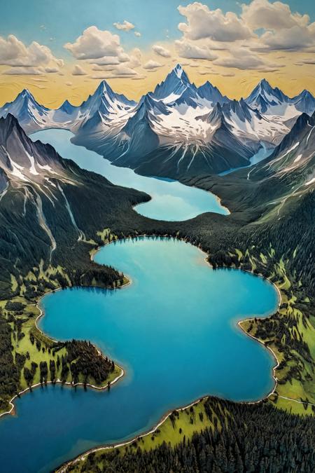 by Charles Ragland Bunnell, alpine lakes thoughtscape, (virtual reality, bird's eye view:1.2), Thick layered papercut art, Deep 3D, volumetric, dimensional, depth, thick paper, high stack, heavy texture, tangible layers, (masterpiece, intricate details:1.2) <lora:XL-Loras\xl_more_art-full_v1:0.5><lora:XL-Loras\add-detail-xl:1.0><lora:XL-Loras\NicolaSamori:0.5><lora:XL-Loras\looking_at_viewer:2><lora:XL-Loras\RMSDXL_Creative:3>