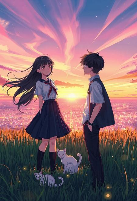 Vertical 9:16 cinematic anime scene, ultra-detailed 4K, soft cel-shading with watercolor textures. Two high school students standing back-to-back on a grassy hill during a vibrant sunset.
– Girl: long black hair flowing gently in the wind, wearing a white short-sleeved blouse, red ribbon tie, pleated navy skirt, and knee-high socks; eyes closed, expression calm but emotional.
– Boy: tousled dark brown hair, school blazer draped over shoulder, white shirt slightly wrinkled, black trousers; looking to the horizon with a wistful gaze.
A small white cat curled up at the girl's feet, eyes half-closed, tail flicking slowly.
Wispy, pastel-tinted clouds stretch across the sky with soft volumetric depth, casting long shadows over the hill.
Tall grass swaying gently, glowing city lights far below, streaks of shooting stars in a dreamy pink-orange sky, subtle lens flare, fireflies dancing around them, deep sense of emotion and distance.
Inspired by Makoto Shinkai, CoMix Wave Films, "Your Name", "Weathering With You".