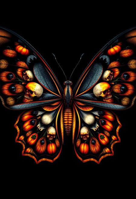 "Create a hyper-stylistic image of a butterfly with its wings splayed out in a dramatic, symmetrical pose. The wings themselves are a masterpiece of Halloween-themed design, with intricate, swirling patterns that resemble skulls and pumpkins. The skulls are delicate and ornate, with tiny details and textures that give them a lifelike quality. The pumpkins are similarly detailed, with ridges and crevices that make them look like they were plucked straight from a patch. The background is a deep, rich black, which allows the vibrant colors of the wings to pop and shine. Incorporate intricate details and textures to bring the butterfly and its wings to life, with a focus on capturing the sense of wonder and magic that comes with Halloween." highest-Quality, intricate details, visually stunning, Masterpiece