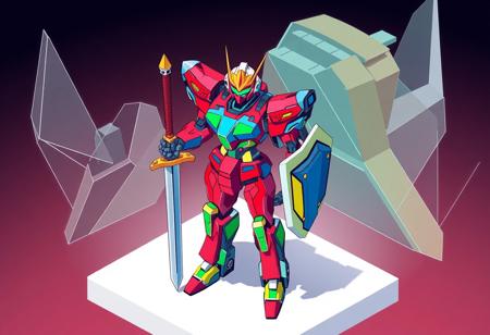 Stylized graphic illustration in Grammer Effect and Splash Ink styles, focusing on a Cyber Angel Natasha robot as the main subject. The robot, a complex and vibrant entity of red, blue, green, and yellow, is positioned centrally, standing on a white surface. It holds a sword in its right hand and a shield in its left, depicted with graphic boldness. A crown is clearly visible on its head. The background features the geometric and complex shapes of Fortissimo the Mobile Fortress, rendered with a unique Houdini-style approach, creating a striking and attractive contrast. The composition is isometric and impeccable, with a creative angle and intentional focus on the robot. The colors are stunning and harmonious, presented in a multi-colored, contemporary aesthetic. The overall piece is high-quality and trending on ArtstationHQ, utilizing the Golden Ratio for visual balance. No discernible texts or other objects are included, allowing the focus to remain solely on the stylized robot and its dramatic background.