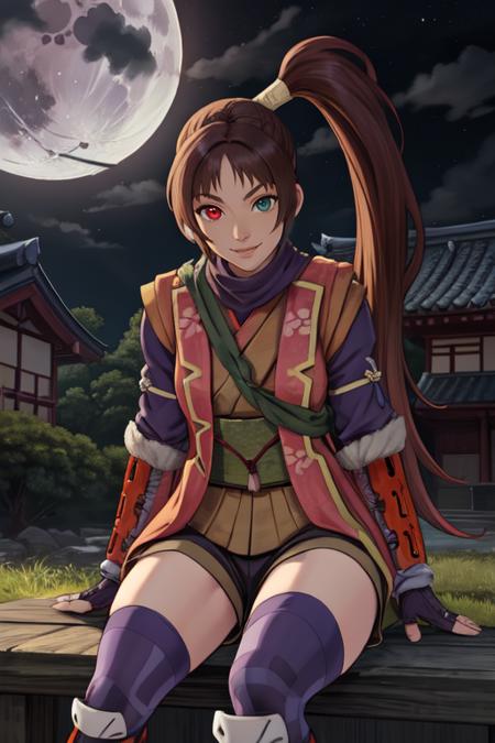 Akane,brown hair,heterochromia,ponytail,side ponytail, 
Yagyu,toeless legwear,thighhighs,armor,fingerless gloves,shorts,scarf,sandals,kote,
standing,  smile,  upper body,  face focus,  sitting, 
Japanese building,nighttime,moon,Sengoku period,
(insanely detailed, beautiful detailed face, masterpiece, best quality)  <lora:AkaneYagyu:0.7>,