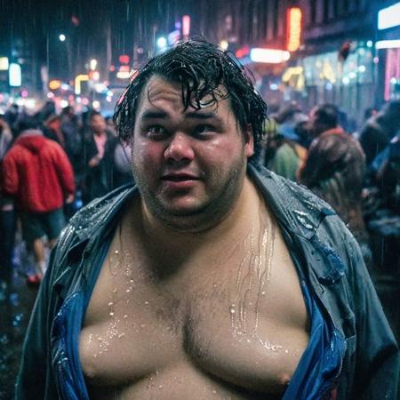 A documentary mid-closeup photograph , An overweight drunk, disheveled Superman, and a drunk, overweight Wonder Woman, and Mister Mxyzptlk, on a crowded , wet , neon lit dark NYC street. cheap, worn out, poorly made, dirty, torn costumes, cinematic still, Leica M3, Kodachrome, 50mm lens, 1970s street photography