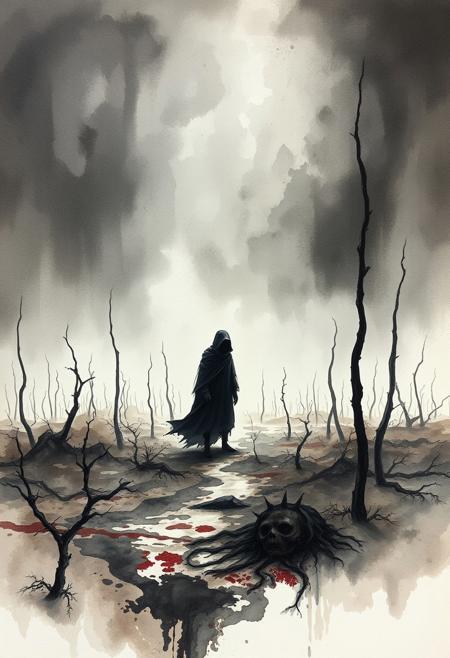 A delicate watercolor painting depicts an eerie scene with a mysterious figure in a dark, overpopulated wasteland.  Intense detail and dramatic composition accentuate the barren landscape and unsettling atmosphere. Translucent washes and fluid brushstrokes create a surreal and macabre effect.