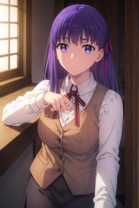 sakuramatou, <lora:sakura matou ubw-lora-nochekaiser:1>,
sakura matou, long hair, (purple eyes:1.1), purple hair, ribbon, hair ribbon, red ribbon,
BREAK shirt, white shirt, collared shirt, long sleeves, neckertie, red neckertie, vest, light brown vest, skirt, black skirt,
BREAK indoors,
BREAK looking at viewer, (cowboy shot:1.5),
BREAK <lyco:GoodHands-beta2:1>, (masterpiece:1.2), best quality, high resolution, unity 8k wallpaper, (illustration:0.8), (beautiful detailed eyes:1.6), extremely detailed face, perfect lighting, extremely detailed CG, (perfect hands, perfect anatomy),