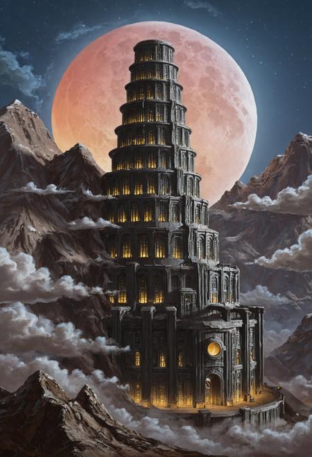 urithiru, tower city, moon, clouds, circle platforms, light emanating from windows, mountain, <lora:Urithiru:0.6>