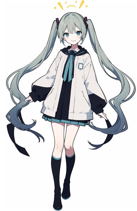 hatsune miku, ,1girl,smile, full body, standing,  <lora:standingFullBodyWithBackgroundStyle_v10Offset:1>, blue theme