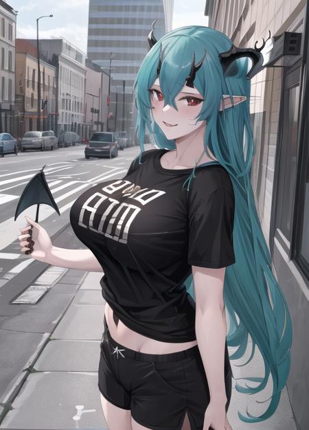 masterpiece, best quality, highres,  1girl,city background, salus , horns, demon horns, four horns, <lyco:salus_v2:0.85>, black sclera, pale skin, red pupils, aqua hair, shorts, t-shirt