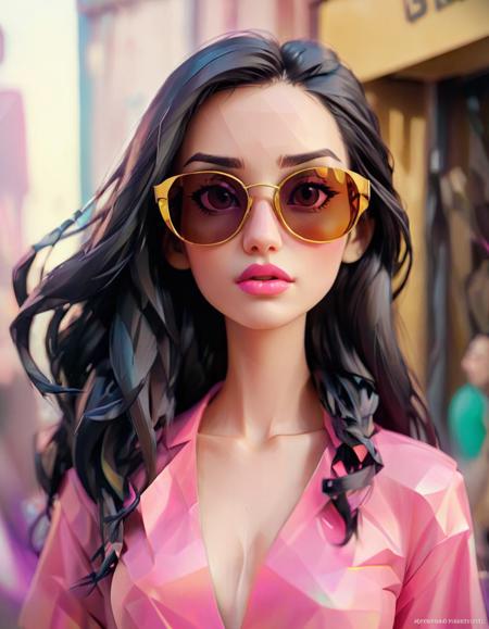 1girl, solo, sunglasses, lips, tinted eyewear, , hologram, black hair, long hair, , cyberpunk, portrait
