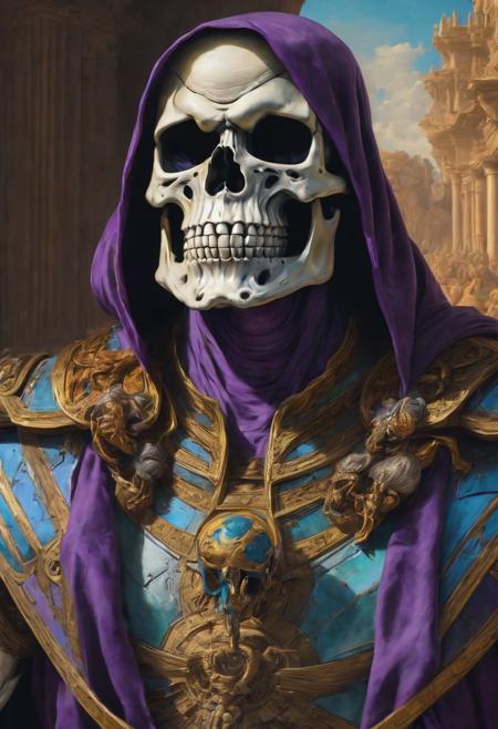 Life of Skeletor by Leonardo da Vinci is a 3D painting in an epic historical fantasy scene, with natural colors and clear details. Hyperrealistic, splash art, concept art, mid shot, intricately detailed, color depth, dramatic, 2/3 face angle, side light, colorful background