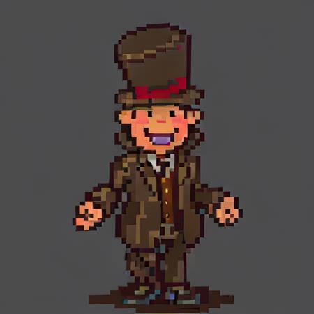 <lora:SNES Earthbound Enemies V11-000008:1.0>,Earthbound_enemy, neutral grey background, pixelart, drop shadow,   <lora:layton-10:0.9> professor layton, 1boy, male focus, solo, hat, top hat, smile, brown hair, upper body, looking at viewer, crossed arms