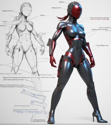 (no human) (blueprint art, design drawing:1.6) (ninja style:1.4), realistic, documentation, detailed repair diagram for creating a cyborg ninja, a detailed explanation, disassembly diagram, component blueprint. text, trial and error, design process, high-tech elegant hipline, thigh gap, perfect small breasts with hard nipples, long messy hair, captivating eyes, beautiful mouth. - standing T pose - (detailed design drawing:1.2), hyperrealistic blueprint in the style of artgerm and greg rutkowski, artstation. - background is design notes - masterwork composition. - full length view, (dynamic combat pose:1.3). perfect hands.( colors charcoal and blood red:1.4)