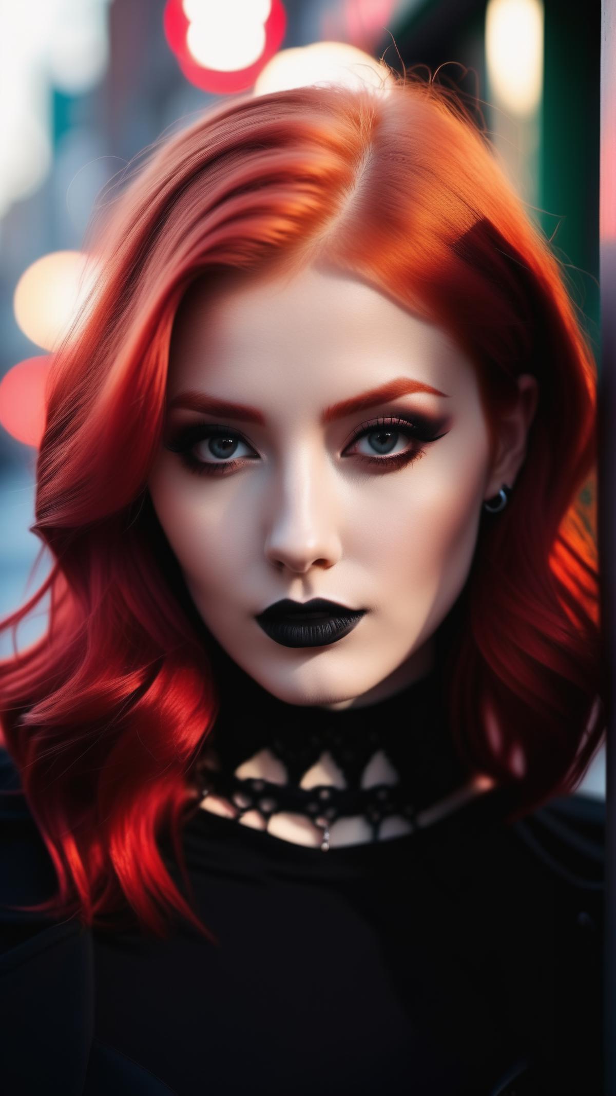 Woman with Red Hair, Dark Makeup, and Black Clothes
