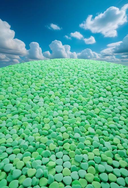 field made from green Candyhearts, hearts ,sky,day,clouds,
--uplight.,vibrant masterpiece,32K,UHD,best resolution,perfect details,best quality,best details,best artist,sharp edges,detailed textures,full view,atmospheric lighting,visually stunning,perfect composition,trending on behance,--uplight,