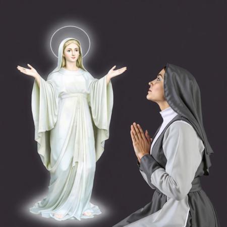 beautiful woman in nun's habit, grey and white, on knees, praying with eyes open, looking up at translucent image of a lovely female saint, with flowing robe, halo, outstretched arms, beatific smile